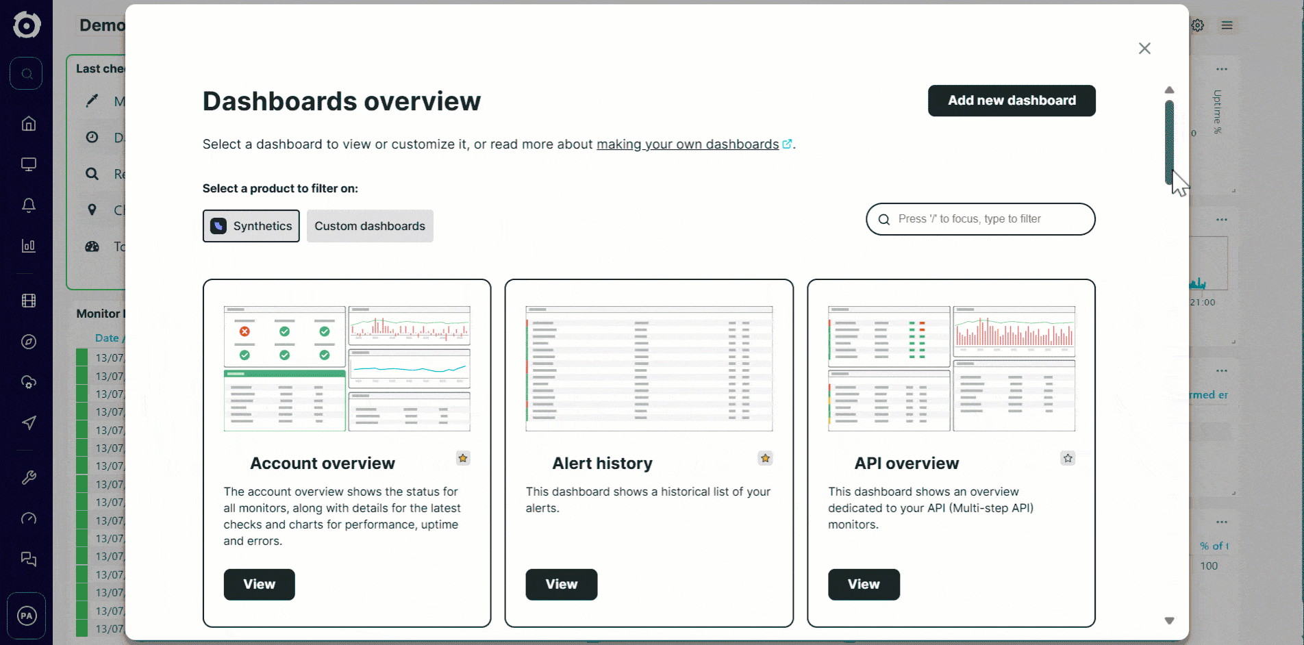 Uptrends predefined dashboards overview