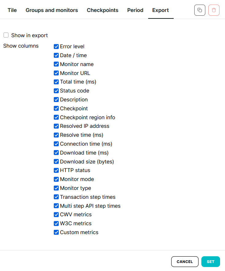 Export tab in dashboard tiles