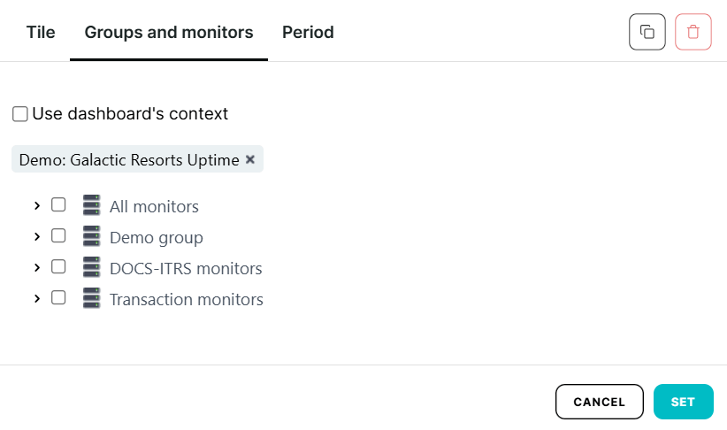 Groups and monitors tab in dashboard tiles